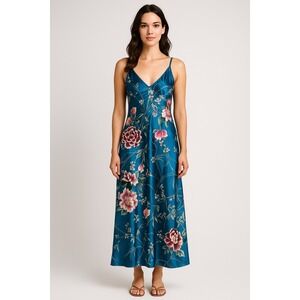 Natori Satin Floral Slip Dress Maxi‎ Nightgown Blue V Neck Spaghetti Strap XS